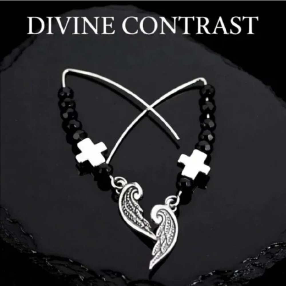Goth Angel Wing & Cross Dangle Earrings • Lightweight Black Crystal & Wings